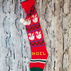 Vintage Knit Merry Red Christmas Stocking Sock Noel White Swans Ducks - 24" Long